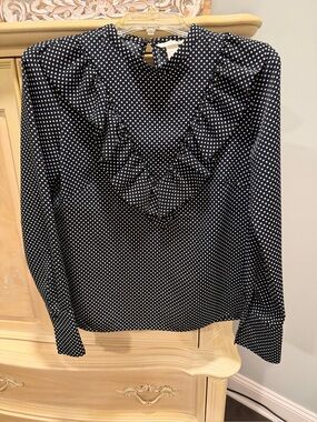 H&M Black and White Polka Dot Ruffle-Front Blouse